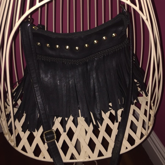 Black fringe crossbody with gold studs