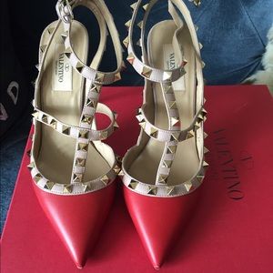 Valentino Rockstud Leather T-Strap Pump Red 37.5
