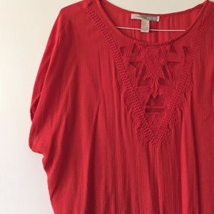 Red gauze shirt with sheer decorative v-neck