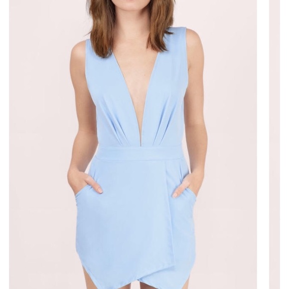 Sky Blue Deep Plunge Backless Romper