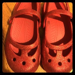 Red sparkly Mary Jane Crocs
