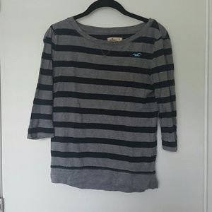 3/4 sleeve grey and navy striped Hollister shirt