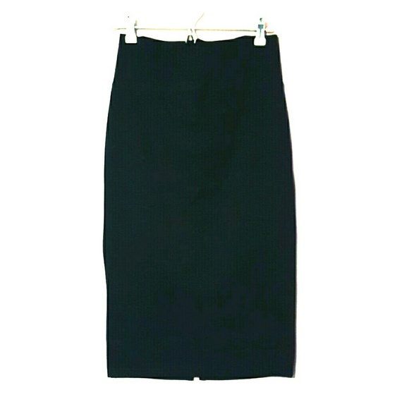 Black stretchy pencil skirt with split in back.