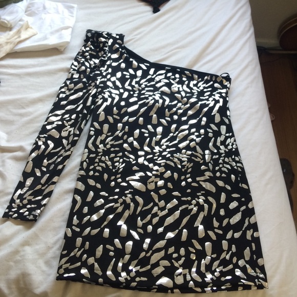 One Shoulder Black Dress with silver Pattern
