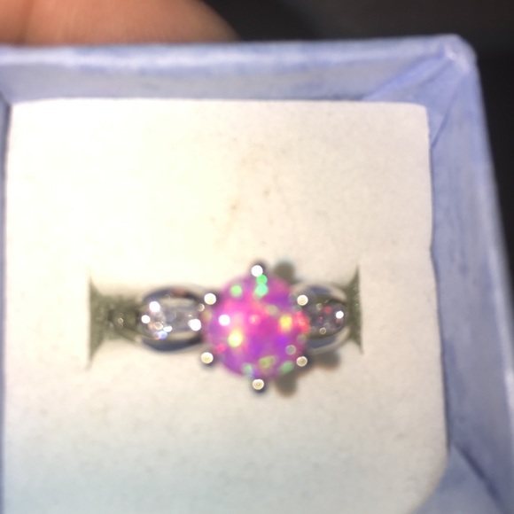 Pretty pink opal ring with cubic zirconia accents. - Picture 1 of 3