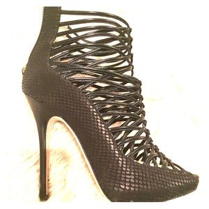 Jimmy Choo black reptile strappy peep toe shoe