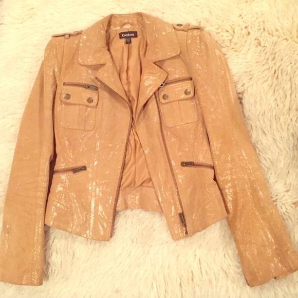 Bebe camel color shimmer leather jacket