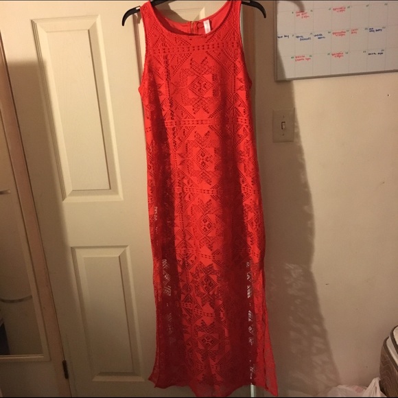 Orange maxi dress with lace outer layer