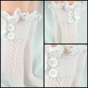 White Boot Socks With Lace & Buttons