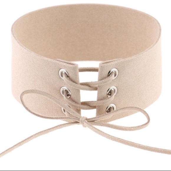 "Jonah" Suedette Lace Up Choker in Sandy Nude