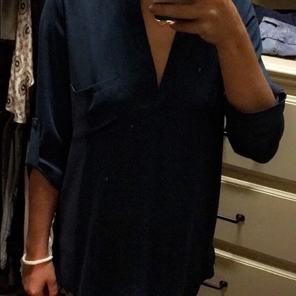 deep V dark blue tunic shirt- size small