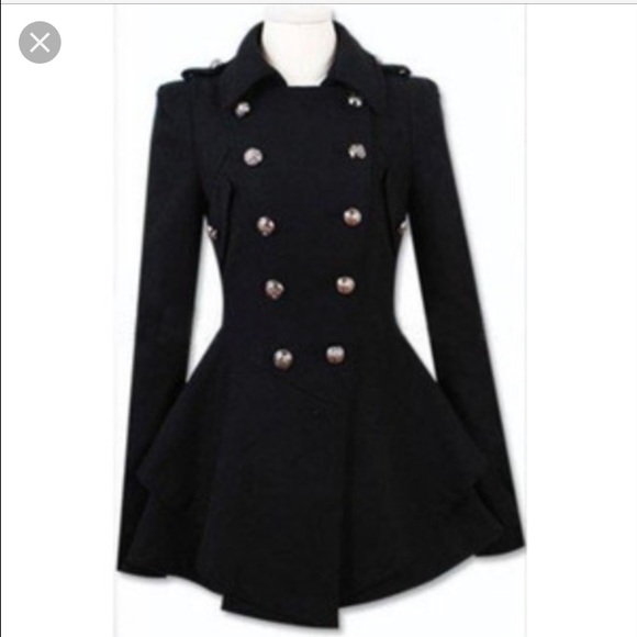 Black military coat with skirt hem.