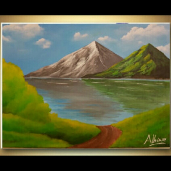 Modern Painting of Mountain and Lake, 7" x11"