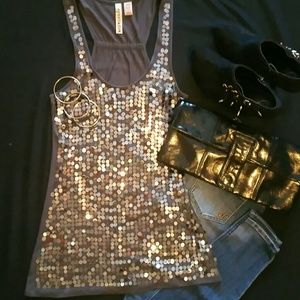 Grey sequin tank.