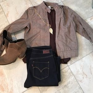 Charlotte Russe Brown Plaid Bomber Jacket Large