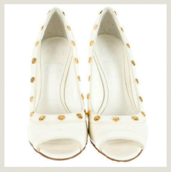 🎉FINAL🎉TORY BURCH WHITE LEATHER ON WOOD WEDGE - Picture 2 of 5