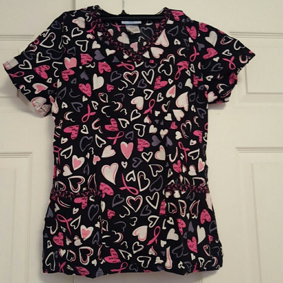 Hearts with breast cancer ribbon scrub top