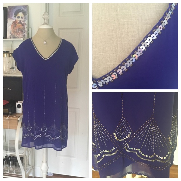 Cobalt Indigo Sequin Beaded Shift Dress 20s Style