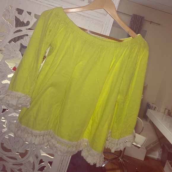 Light green/yellow tassel off the shoulder blouse!