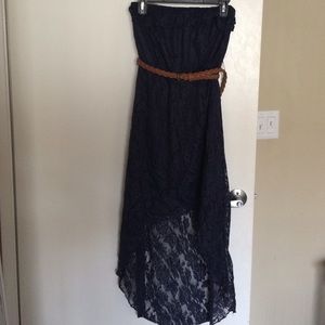 Blue lace strapless dress