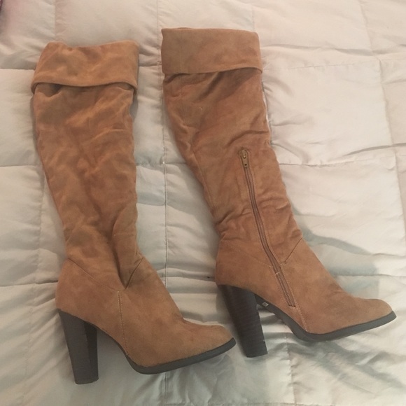 Knee High Suede Boots - Tan, Size 8