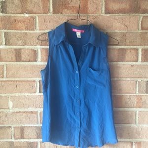 Blue, flowy open-back tank