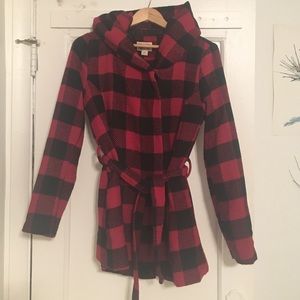 Red and Black Plaid Peacoat