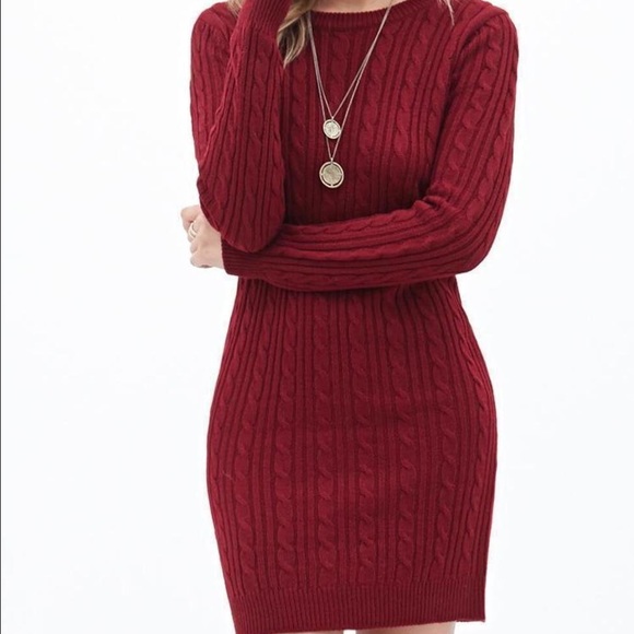 Forever 21 Burgundy Cable Knit Sweater Dress.