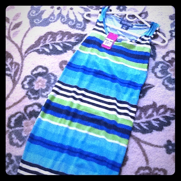 Long blue green and white striped dress