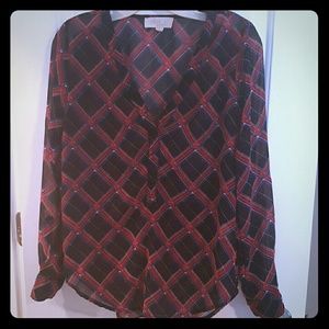 Olive & Oak sheer Spilt neck plaid blouse