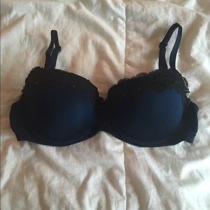 Blue and black lace push up bra
