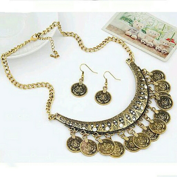 Chunky Antique Stone Boho Bohemian Statement Necklace Earring Set