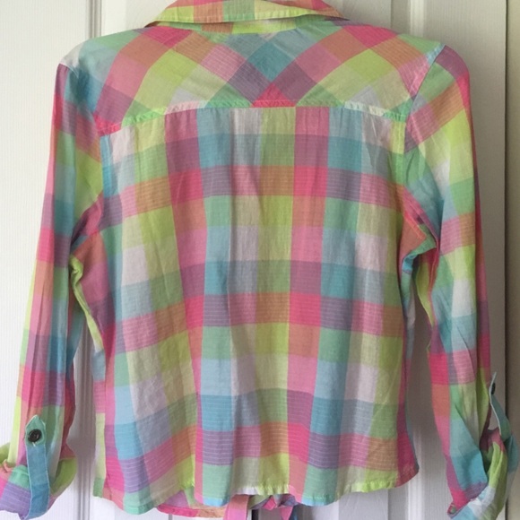 Pastel Plaid Tie-Bottom Long Sleeve Top - Picture 4 of 4