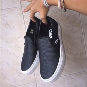 Black leather vans slide-ons