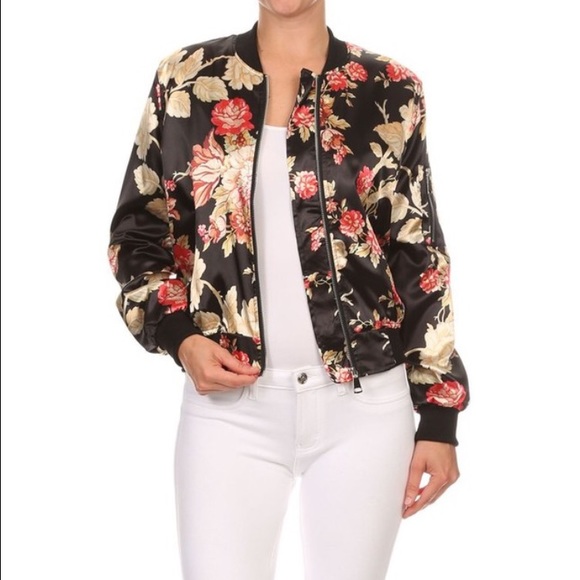 Sale!!! Black floral Satin Bomber - Picture 2 of 3