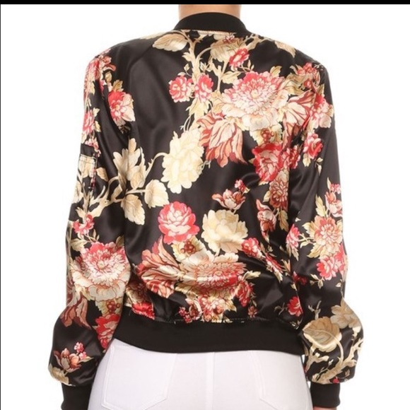 Sale!!! Black floral Satin Bomber - Picture 3 of 3