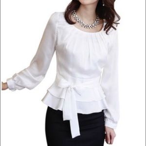 Satin Long Sleeved Round Neck White Blouse