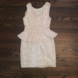 White iridescent sequin peplum dress