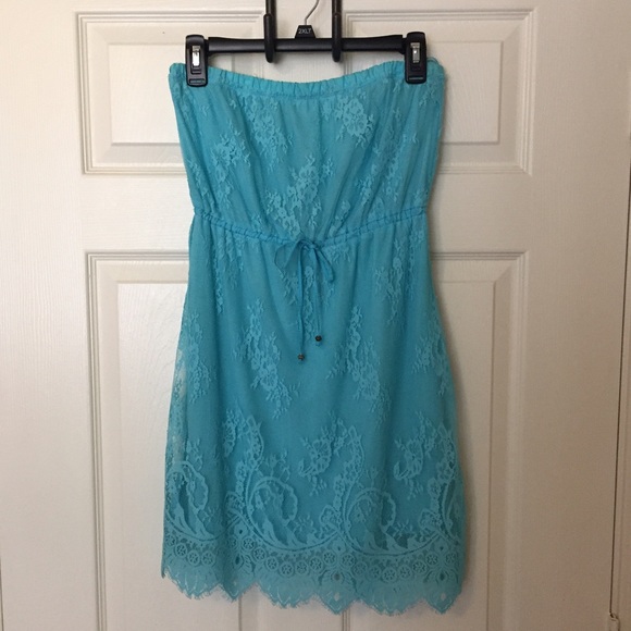 Blue Strapless Lace Dress