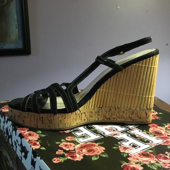 PRADA Black Suede Bamboo/Cork Slingback Sandals - Picture 3 of 5
