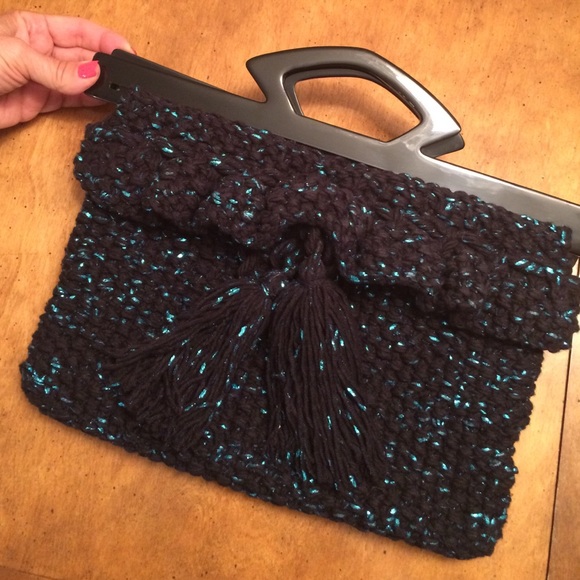 Handknit black and metallic turquoise purse