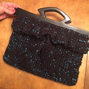 Handknit black and metallic turquoise purse