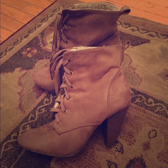 F21 Beige Lace-Up Booties