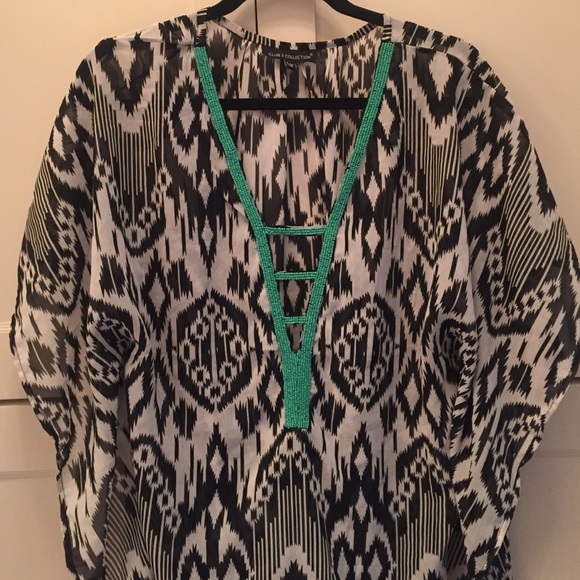 Black & white bathing suit coverup w teal beading