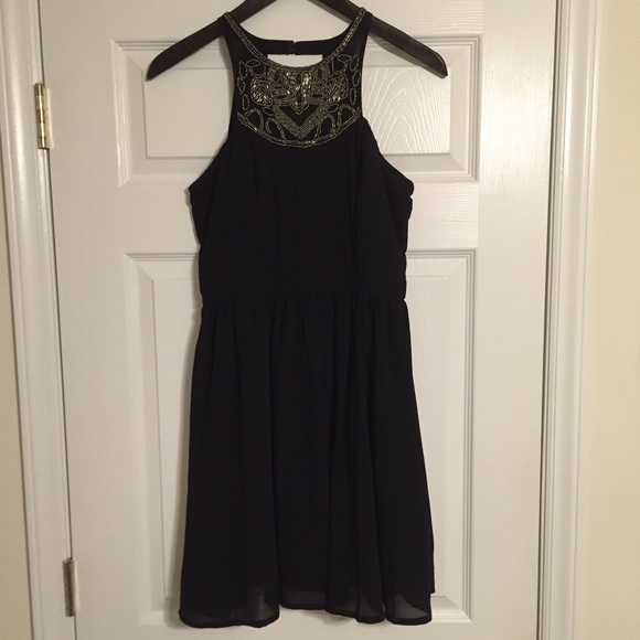 Beaded Neckline Black Dress