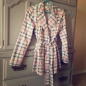 Grey, red and blue Plaid trench coat