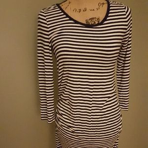 Navy blue and white striped maternity dress