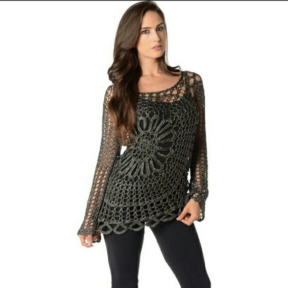 Long Sleeve Crochet Top. Black - Picture 1 of 1