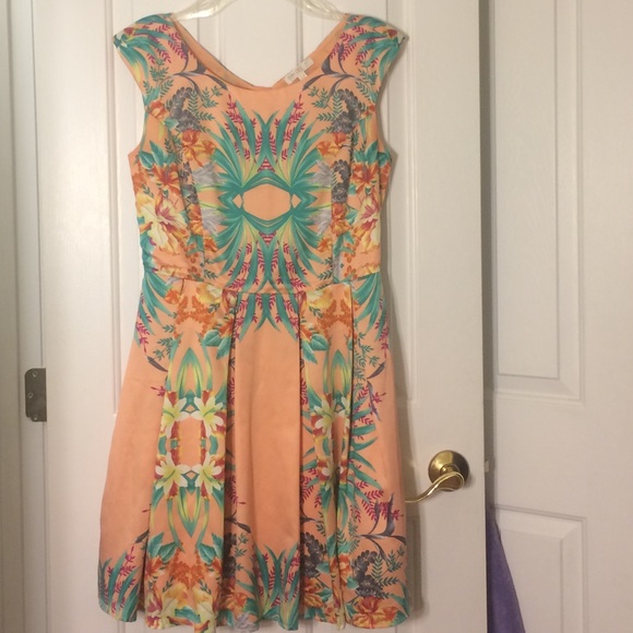 Printed Coral Polyester Cap-Sleeve Dress