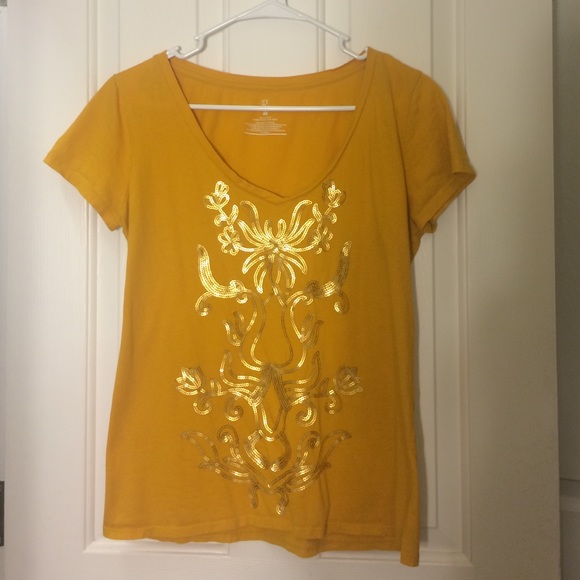 Gold, V-Neck Tee with Sequins, Medium